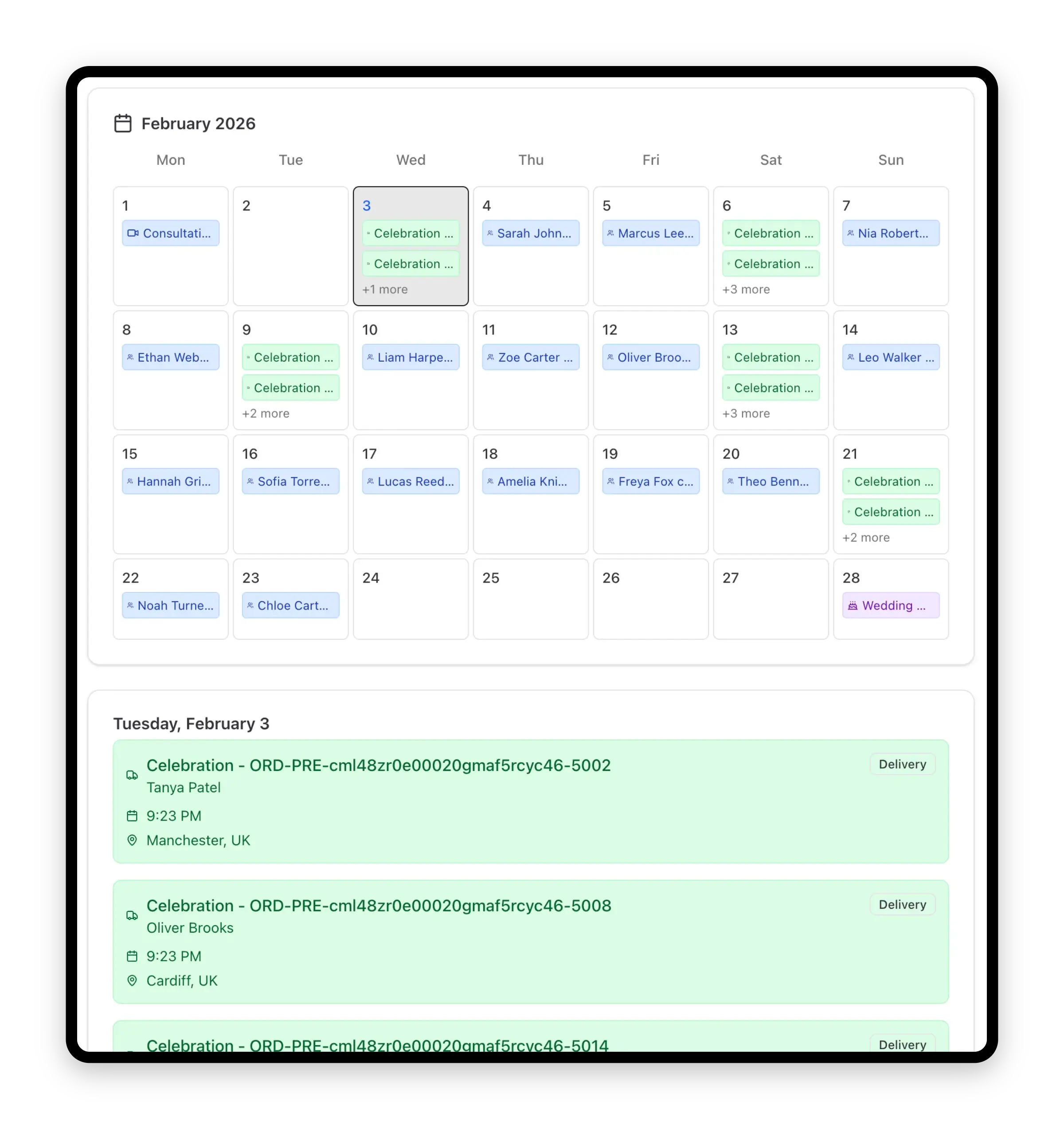Delivery and production calendar